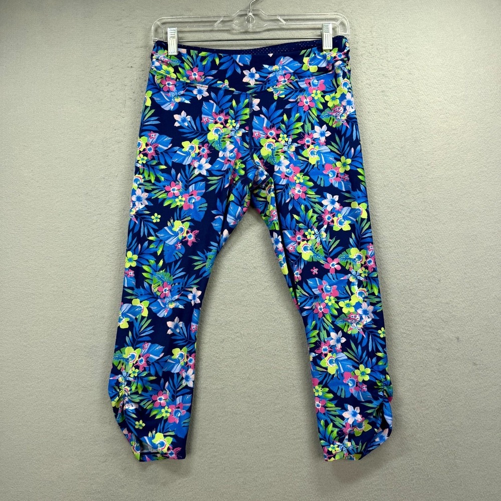 Kensie Performance Work Out Crop Pants Womens Medium 27x21* Blue Tropical Floral